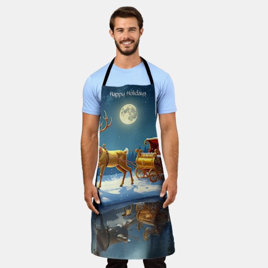 Reindeer Christmas Sleigh Holiday Apron エプロン (着用した状態)