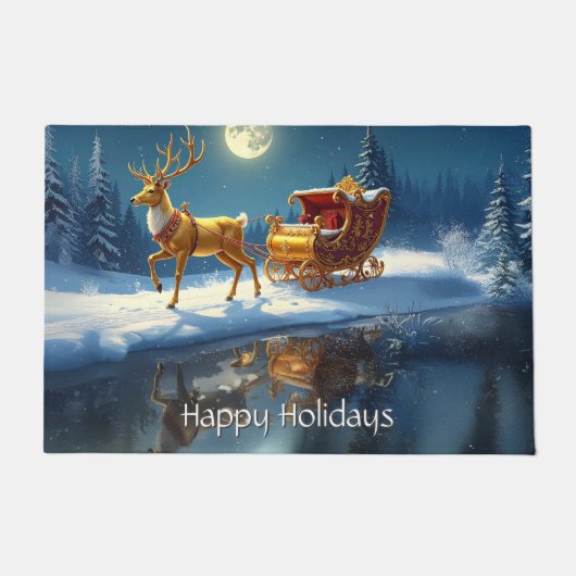 Reindeer Christmas Sleigh Holiday Doormat ドアマット (正面)