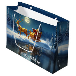 Reindeer Christmas Sleigh Holiday Gift Bag ラージペーパーバッグ