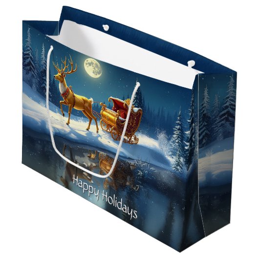 Reindeer Christmas Sleigh Holiday Gift Bag ラージペーパーバッグ (正面アングル)