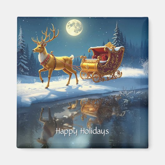 Reindeer Christmas Sleigh Holiday Magnet マグネット (正面)