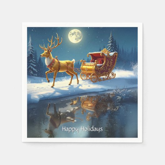 Reindeer Christmas Sleigh Holiday Napkin スタンダードカクテルナプキン (正面)