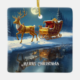 Reindeer Christmas Sleigh Holiday Ornament セラミックオーナメント