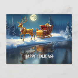 Reindeer Christmas Sleigh Holiday Postcard ポストカード