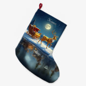 Reindeer Christmas Sleigh Holiday Stocking ラージクリスマスストッキング (正面 (吊り時))