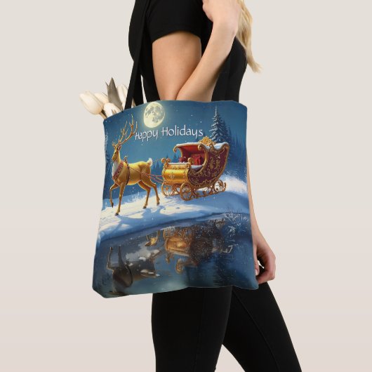Reindeer Christmas Sleigh Holiday Tote Bag トートバッグ (クローズアップ)