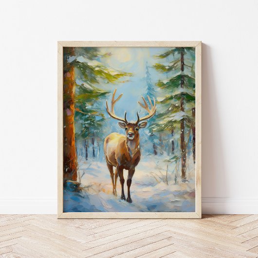Reindeer in a Winter Forest Modern Art ポスター