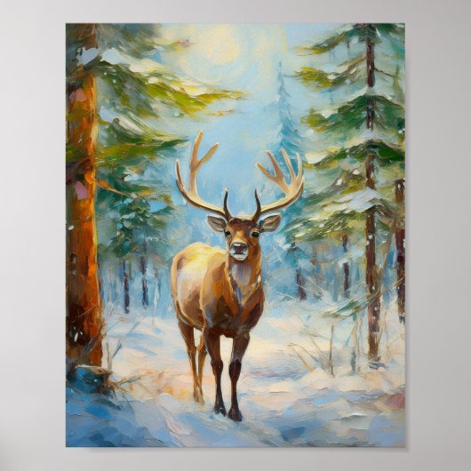 Reindeer in a Winter Forest Modern Art ポスター (正面)
