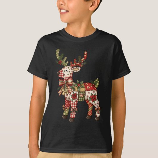 Reindeer Patchwork Coquette Bow Christmas Pajamas Tシャツ (正面)