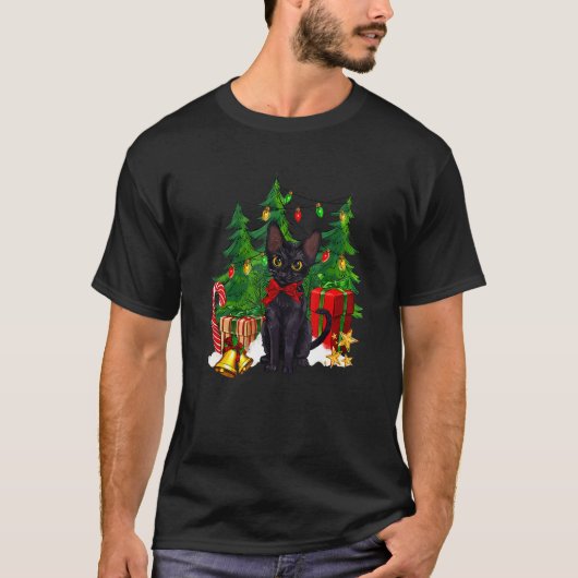 Reindeer Santa Hat Black Cat Christmas Lights Cute Tシャツ (正面)