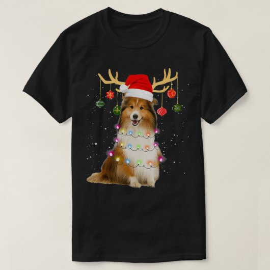 Reindeer Sheltie Dog Santa Hat Christmas Light Xma Tシャツ (デザイン正面)