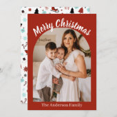 Reindeer Sleigh Christmas Photo Pine Trees シーズンカード (正面/裏面)