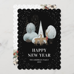 Reindeer Snowy Forest Black New Year Card シーズンカード