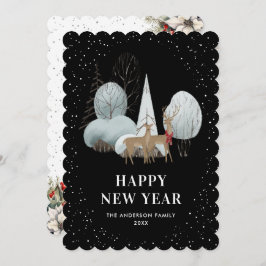 Reindeer Snowy Forest Black New Year Card シーズンカード