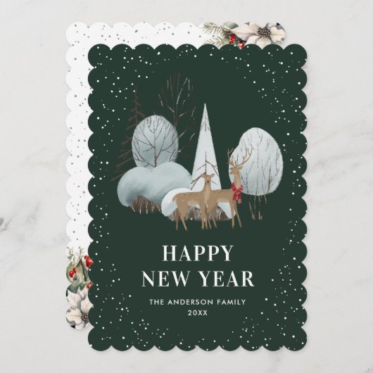 Reindeer Snowy Forest Green New Year Card シーズンカード (正面/裏面)