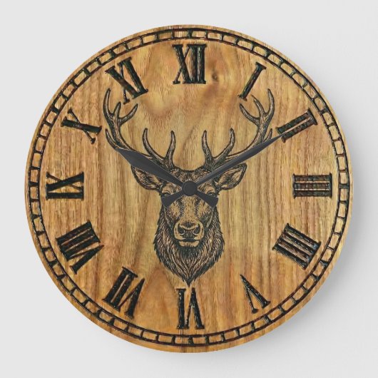 Reindeer Wall Clock - Wooden Style Design  ラージ壁時計 (正面)