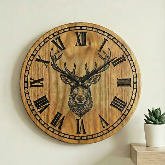 Reindeer Wall Clock - Wooden Style Design ラージ壁時計