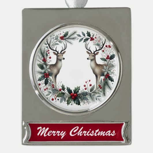 Reindeer Wreath – Elegant Christmas Ornament シルバープレートバナーオーナメント (正面)