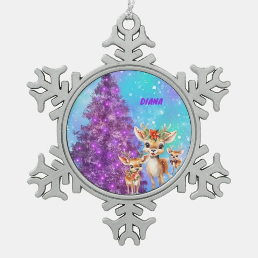 REINDEER'S SNOWFLAKE ORNAMENT PERSONALIZED スノーフレークピューターオーナメント (正面)