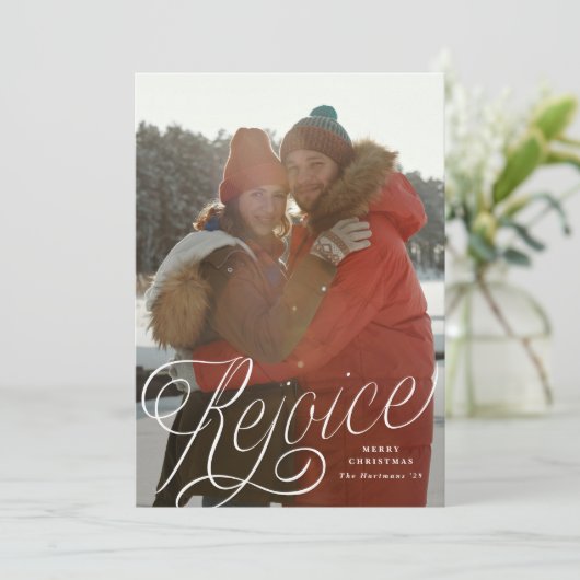 Rejoiceスクリプスタイリッシュトオーバーレイ1 – フォトクリスマス シーズンカード (スタンド正面)