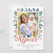 Rejoiceスクリプトフェスティバルクリスマスレッドベリー写真 シーズンカード (正面)