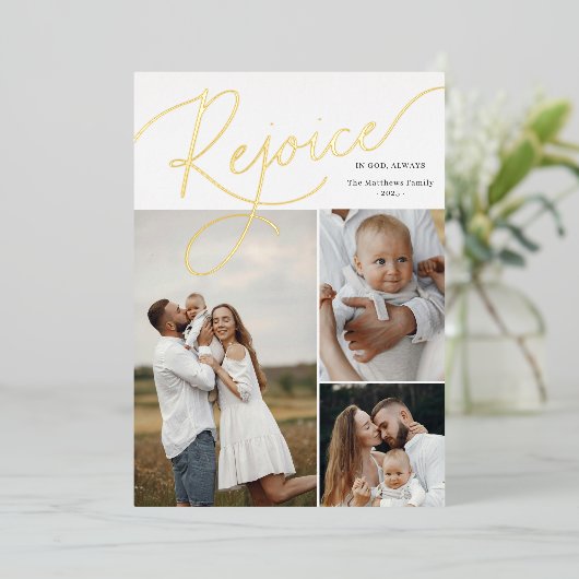 Rejoiceスクリプトフォトコラージフォイルクリスマスカード 箔シーズンカード (立ち正面)