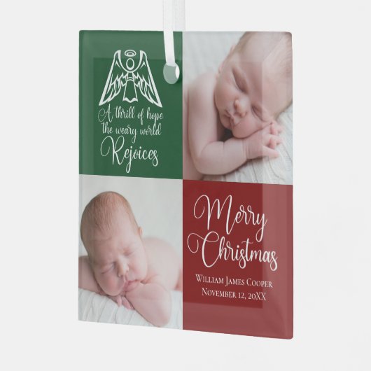 Rejoice Angel美しい赤い緑のクリスマスフォト ガラスオーナメント (正面左)