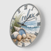 Relax Coastal Beach Ocean Beach House Decor ラージ壁時計 (傾斜)