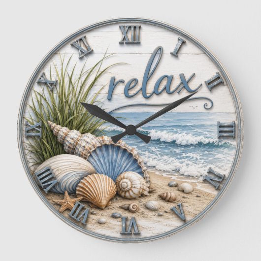 Relax Coastal Beach Ocean Beach House Decor ラージ壁時計 (正面)