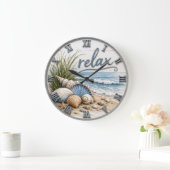 Relax Coastal Beach Ocean Beach House Decor ラージ壁時計 (ホーム)