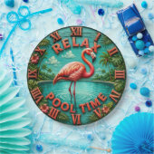 Relax Pool Time Pink Flamingo Tropical Pool Decor  ペーパープレート (パーティー)