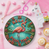 Relax Pool Time Pink Flamingo Tropical Pool Decor  ペーパープレート (パーティー)
