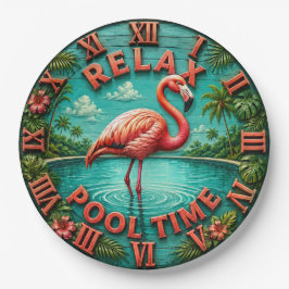 Relax Pool Time Pink Flamingo Tropical Pool Decor ペーパープレート