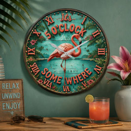 Relax Pool Time Pink Flamingo Tropical Pool Decor  ラージ壁時計