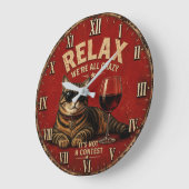 Relax We're All Crazy Funny Cat and Wine ラージ壁時計 (傾斜)