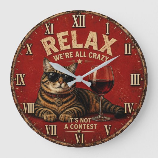 Relax We're All Crazy Funny Cat and Wine ラージ壁時計 (正面)