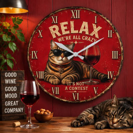 Relax We're All Crazy Funny Cat and Wine ラージ壁時計