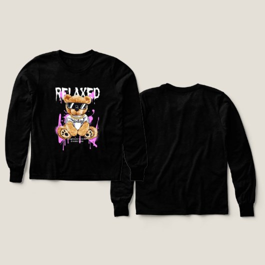 "RELAXED" ストリートウェア ベア ロングスリーブTシャツ (デザイン 正面&背面)