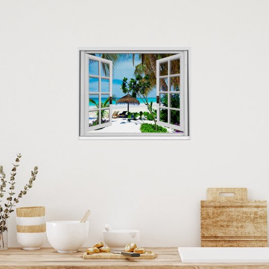 Relaxing Beach and Ocean Faux Window View ポスター (キッチン)