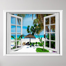 Relaxing Beach and Ocean Faux Window View ポスター