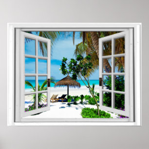 Relaxing Beach and Ocean Faux Window View ポスター