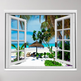 Relaxing Beach and Ocean Faux Window View ポスター