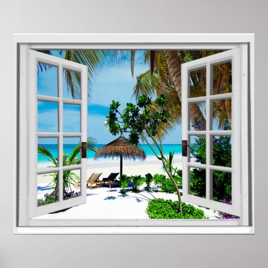 Relaxing Beach and Ocean Faux Window View ポスター (正面)