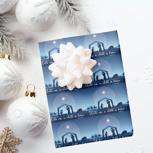 Religious Christmas Nativity Scene Blue ラッピングペーパーシート