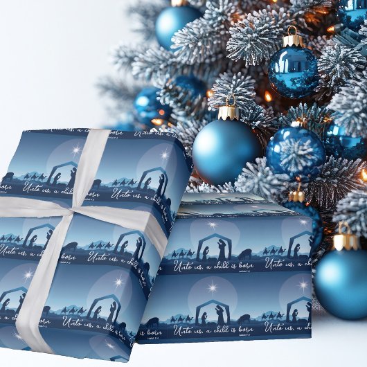 Religious Christmas Nativity Scene Blue ラッピングペーパー