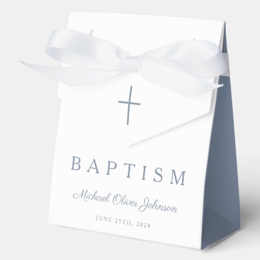 Religious Cross Dusty Blue Script Boy Baptism  フェイバーボックス (正面)