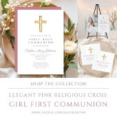 Religious Cross Pink GIrl First Communion  出欠カード