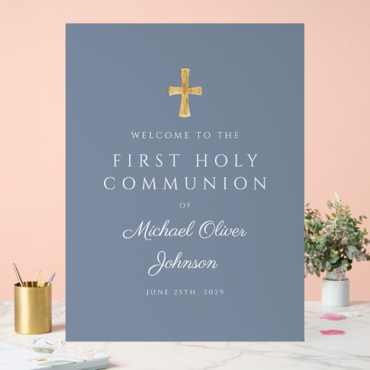 Religious Dusty Blue Boy First Communion Welcome アクリルサイン (ウェディング)