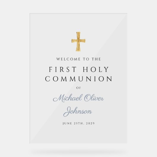 Religious Dusty Blue Boy First Communion Welcome アクリルサイン (正面)