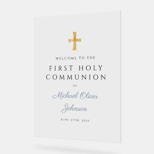 Religious Dusty Blue Boy First Communion Welcome アクリルサイン (傾斜)